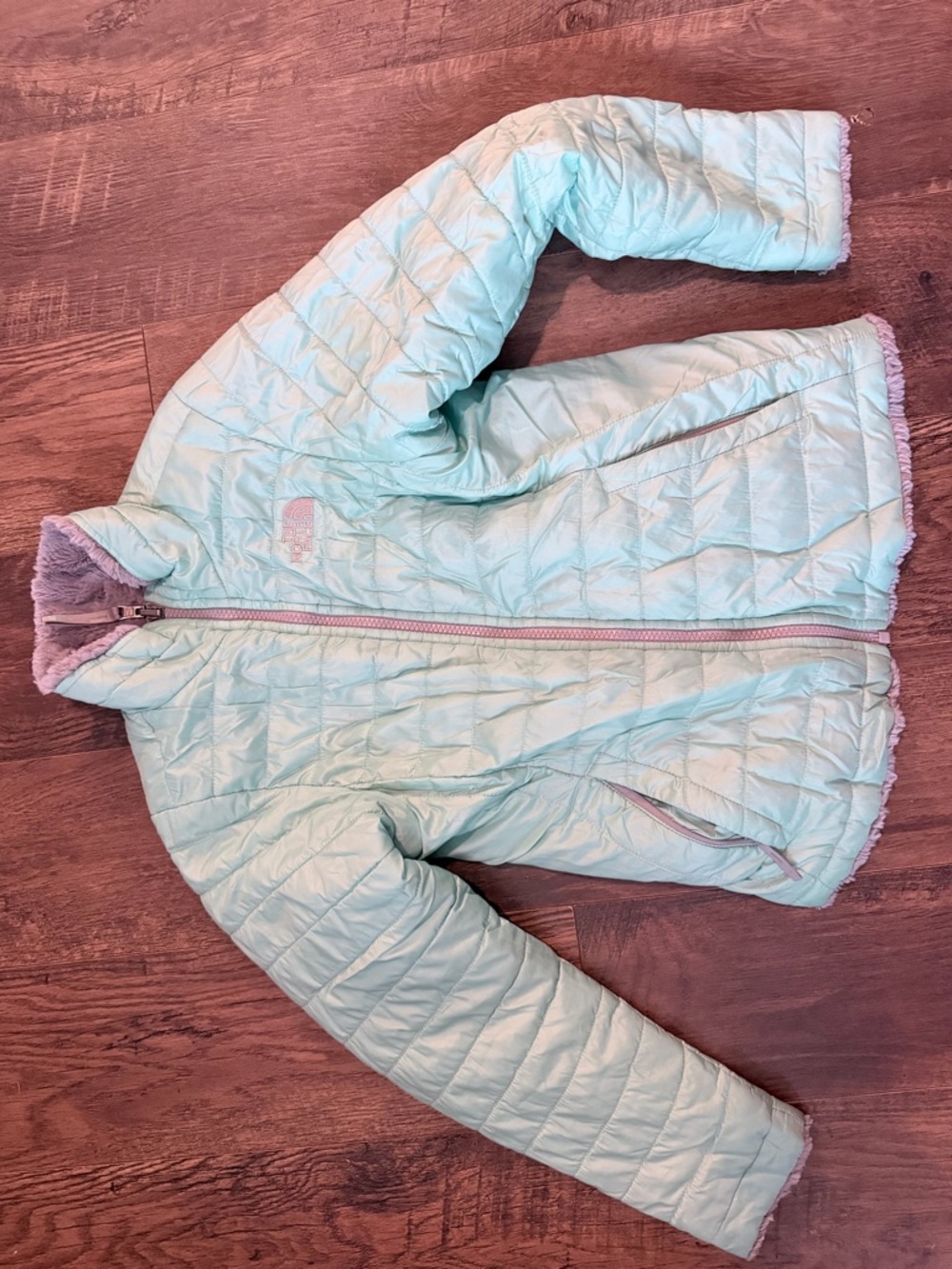 The North Face Kids Light Aqua Puffer Jacket with Pink Trim